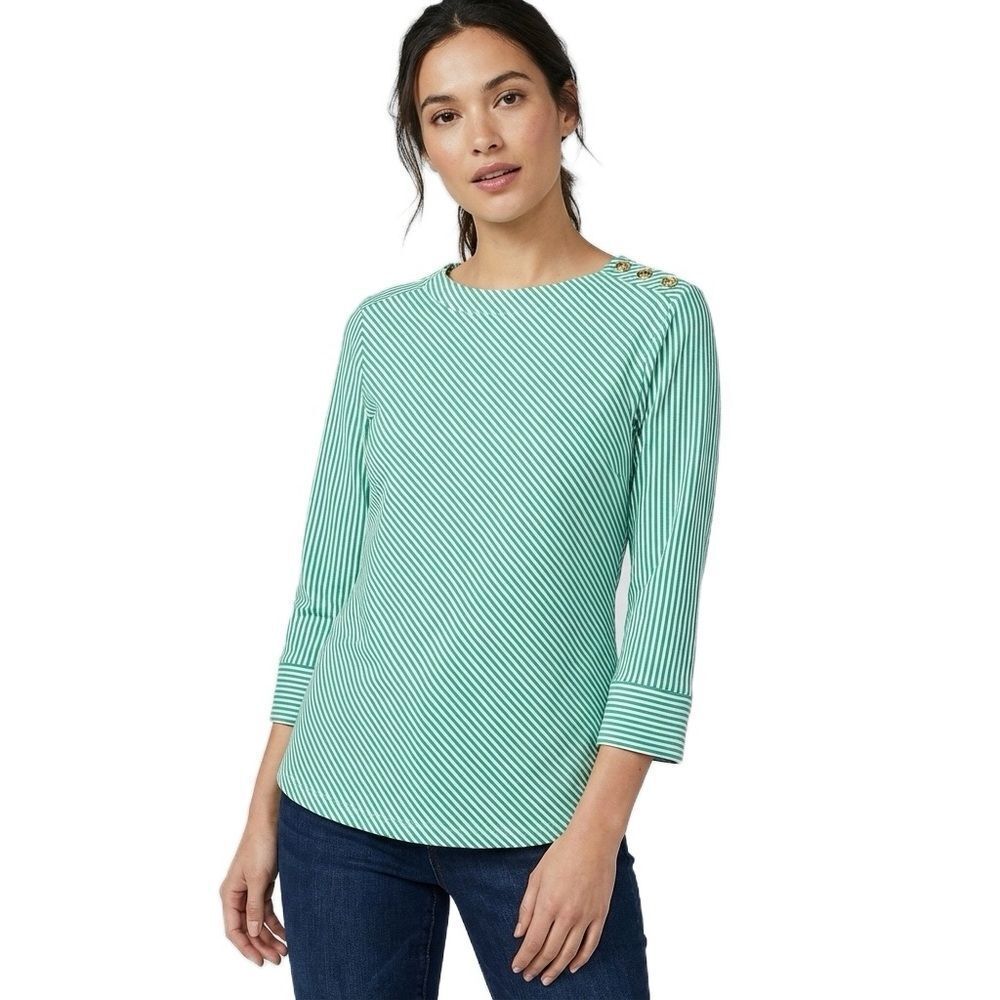 Chico’s Green & White Diagonal Striped Blouse with 3 Button Shoulder Detail